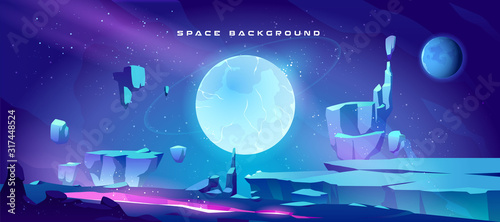 Space background with landscape of alien planet with craters and lighted crack. Vector cartoon fantasy illustration of blue galaxy sky with gas giant and moon and ground surface with rocks