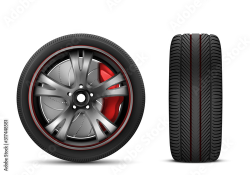 Sport car wheel with red brake gear and japanese steel disk isolated on white background front and side view. Realistic 3d icon of jdm wheel with black rubber tire for automobile