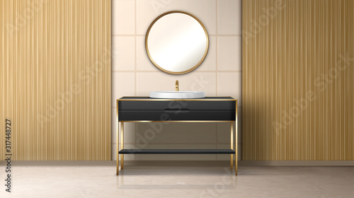 Bathroom with washbasin and gold round mirror on wall. Empty bath room or toilet interior with black table, sink, tiled wall. Stylish home or luxury hotel design. Realistic 3d vector illustration