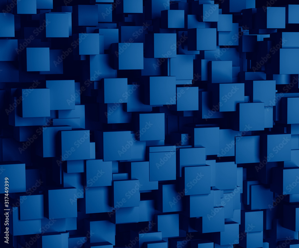 3D rendering abstract image of cubes background toned in trendy Classic Blue color of the Year 2020