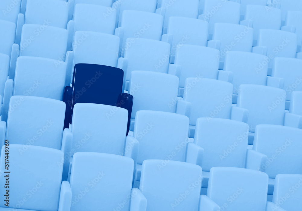 3D rendering of auditorium with one reserved seat toned in trendy Classic Blue color of the Year 2020 3D rendering of auditorium with one reserved seat toned in trendy Classic Blue color of the Year 2020