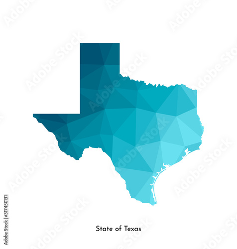 Vector isolated illustration icon with simplified blue map's silhouette of State of Texas (USA). Polygonal geometric style. White background