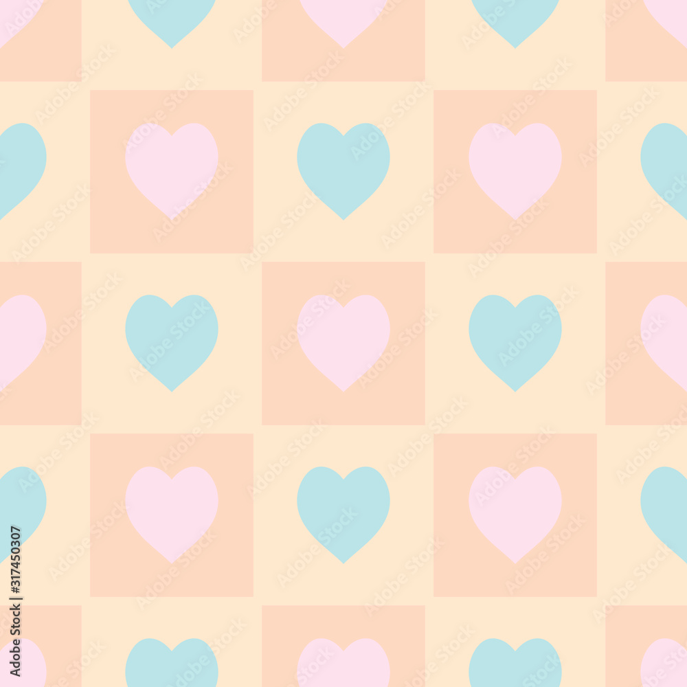 Seamless pattern with pink and blue hearts on beige background. Endless background for your design. Symbol of love. Vector image.