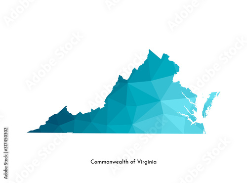 Vector isolated illustration icon with simplified blue map's silhouette of Commonwealth of Virginia (USA). Polygonal geometric style. White background