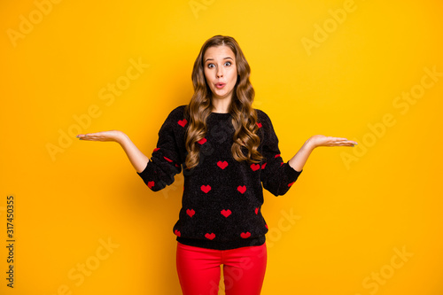 Unbelievable. Photo of funky lady hold two open palms novelty products low prices open mouth wear hearts pattern pullover red trousers isolated yellow color background