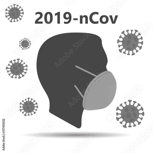 MERS-Cov (middle East respiratory syndrome coronavirus), Novel coronavirus (2019-nCoV), flat hand shows silhouette of person head with hygienic medical mask and symbols of the virus around it