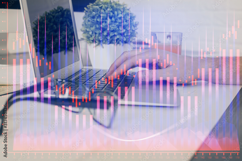 Multi exposure of graph with man typing on computer in office on background. Concept of hard work. Closeup. Multi exposure of graph with man typing on computer in office on background. Concept of hard work. Closeup.