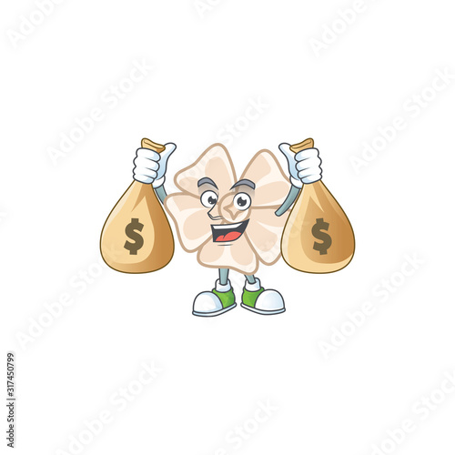 A picture of rich chinese white flower cartoon character with two money bags