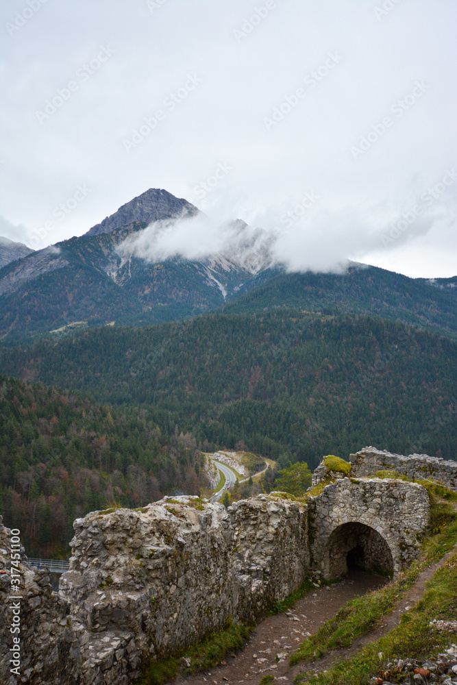 Reutte, Tyrol, Austria - Dezember 28, 2018: Ehrenberg Castle Ruins. Founded in 1296, this was the most famous place of knights and kings