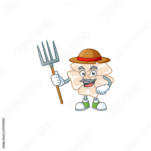 Cute Farmer chinese white flower cartoon mascot with hat and tools