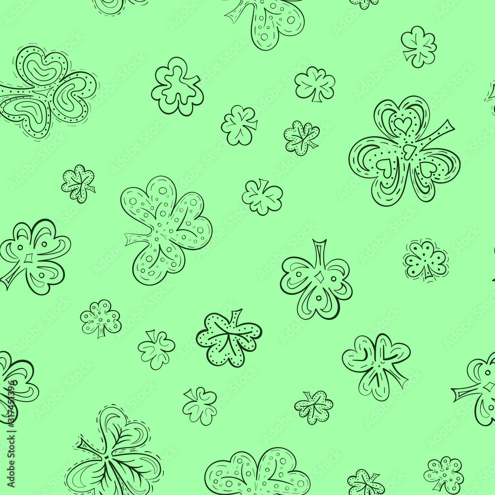 St. Patrick s day doodle seamless background with clover. Seamless pattern for textile and wrapping. Vector illustration.