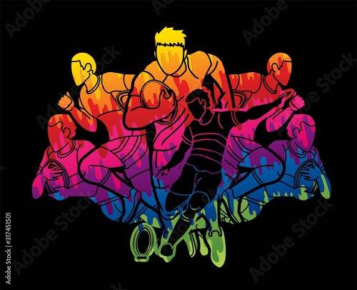 Group of Rugby players action cartoon sport graphic vector.