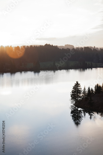 Sunset with reflection over river Lech in Bavaria  Germany