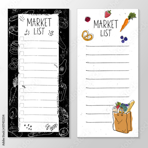Set of templates for market list, grocery cart, vector illustration