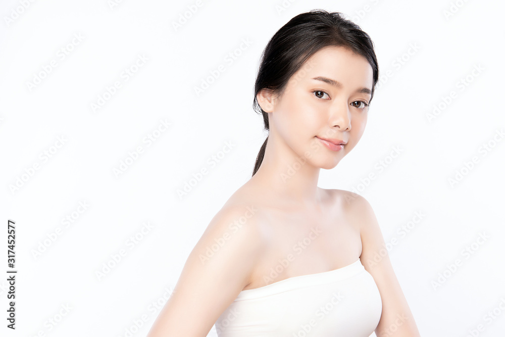 Portrait beautiful young asian woman clean fresh bare skin concept. Asian girl beauty face skincare and health wellness, Facial treatment, Perfect skin, Natural make up, on white background,two Portrait beautiful young asian woman clean fresh bare skin concept. Asian girl beauty face skincare and health wellness, Facial treatment, Perfect skin, Natural make up, on white background,two