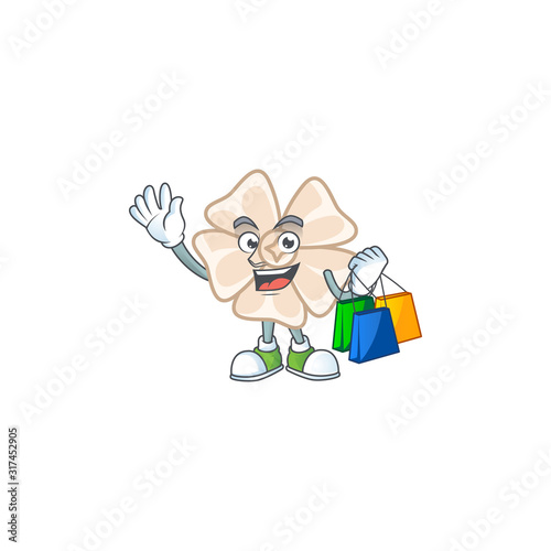 A happy rich chinese white flower waving and holding Shopping bag