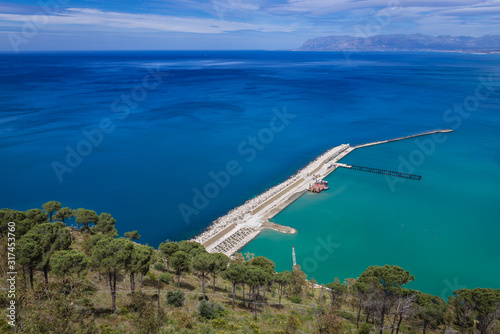 Aerial view with breakwater of Castellammare del Golfo town on Sicily Island in Italy