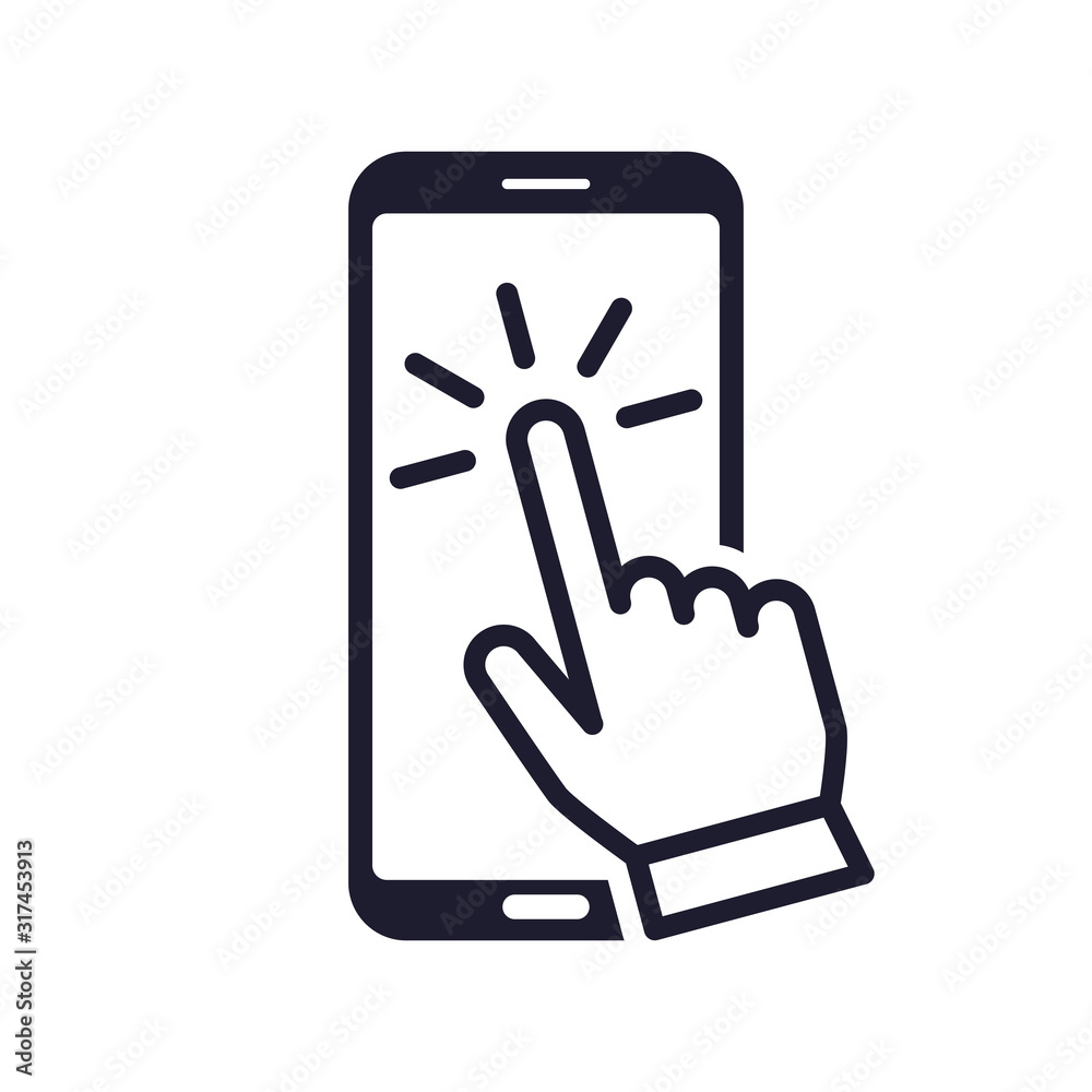 smartphone touch screen with clicking hand symbol icon isolated on white background smartphone touch screen with clicking hand symbol icon isolated on white background