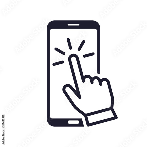 smartphone touch screen with clicking hand symbol icon isolated on white background