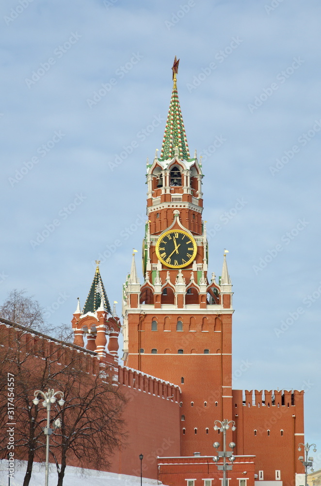 Winter view of the Spasskaya and Tsarskaya towers of the Moscow Kremlin. Moscow, Russia