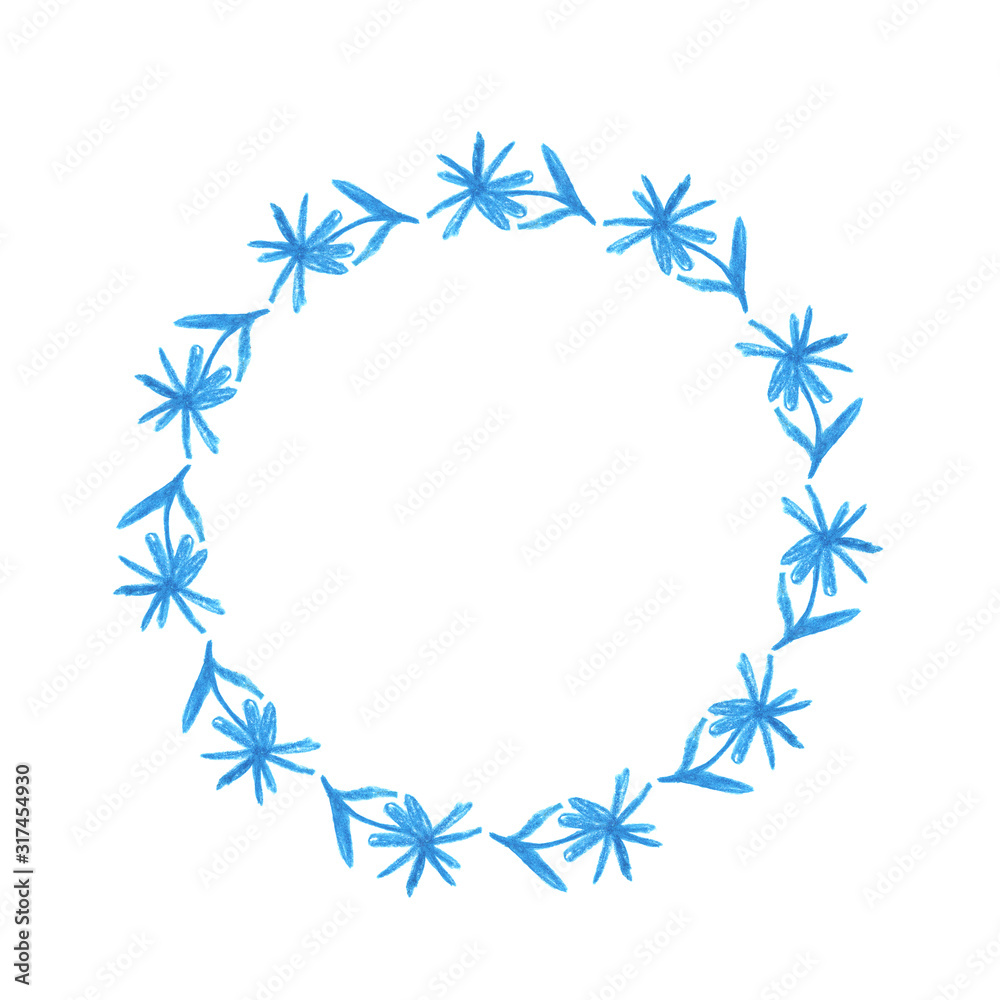 wreath of simle cute blue flowers isolated on white.