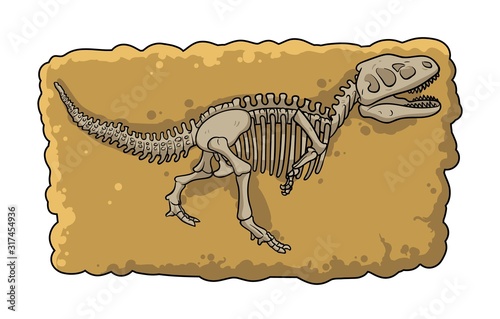 Dinosaur fossil skeleton in the soil, archeological excavation cartoon style. Flat vector illustration isolated on white background.