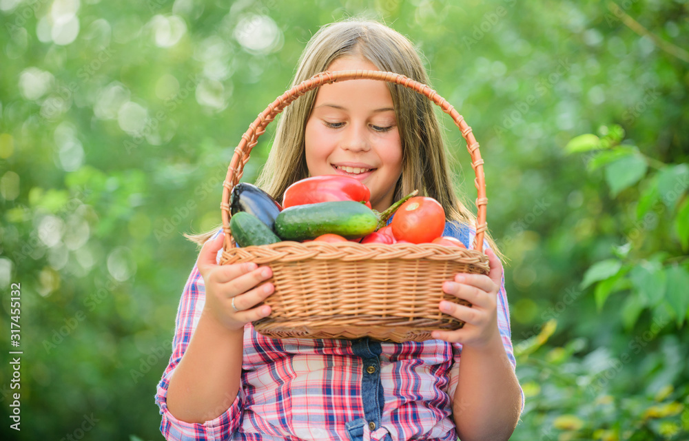 Healthy homegrown food concept. Eat healthy. Summer harvest concept. Gmo free. Kid gathering vegetables nature background. Eco farming. Girl cute smiling child living healthy life. Healthy lifestyle Healthy homegrown food concept. Eat healthy. Summer harvest concept. Gmo free. Kid gathering vegetables nature background. Eco farming. Girl cute smiling child living healthy life. Healthy lifestyle