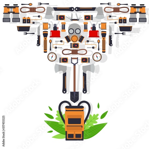 Survival kit isolated icons, vector illustration. Basic equipment for emergency evacuation, flat style emblem. Backpack, gas mask, ax, flashlight and rope. Set of survival tools in dangerous situation