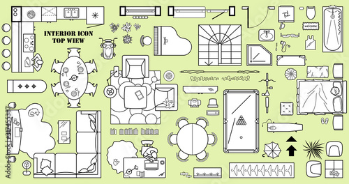 Floor plan icon set in top view for interior design.  Architecture plan with furniture View from above. The layout of the apartment, kitchen, living room and bedroom. Vector 