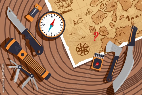 Planning expedition to discover new lands, vector illustration. Old map, compass, knife and flashlight on tree stump texture. World exploration, travel adventures, exciting discoveries, expedition