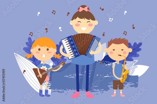 Children playing musical instruments, vector illustration. Kids cartoon characters, school music band performance. Boys and girls playing accordion, balalaika and saxophone. Music school for children