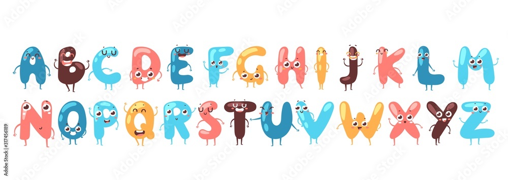 Funny font, vector illustration. Letters cartoon characters with smiling faces, English alphabet. Typographic font for children, funny colorful typeset, cute letters in cartoon style. Text for kids
