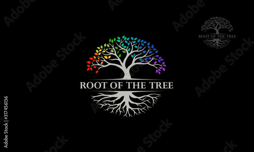 Root Of The Tree Rainbow - vector logo illustration. This logo symbolize a protection, peace,tranquility, growth, and care or concern to development on black background.