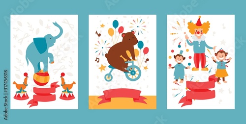 Circus show with trained animals, invitation banner template, cartoon flat style vector illustration. Entertainment circus performance ticket, holiday festival announcement, trained animals and clowns