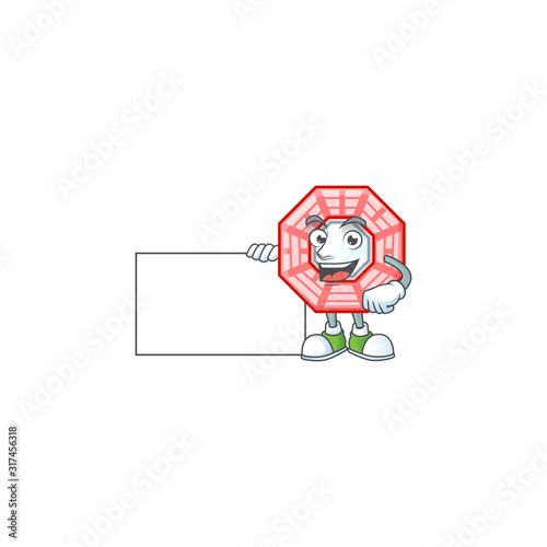 Cheerful chinese pink flower cartoon character having a board