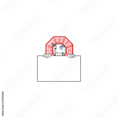 Grinning face chinese square feng sui cartoon character style hides behind a board