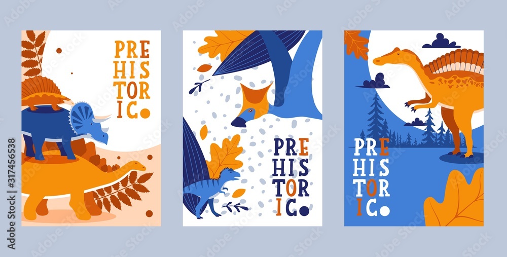 Dinosaur prehistoric animals typographic banner set, dino world book cover vector illustration. Natural history museum exposition invitation, Jurassic dinosaurs in flat design, prehistoric creatures Dinosaur prehistoric animals typographic banner set, dino world book cover vector illustration. Natural history museum exposition invitation, Jurassic dinosaurs in flat design, prehistoric creatures