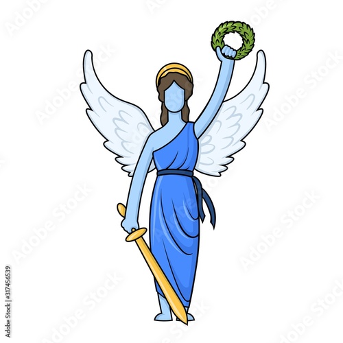 Greek Goddess Nica with a wreath and a sword. Cartoon style. Flat vector illustration, isolated on white background.