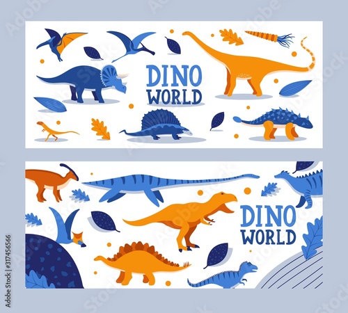 Dino world banner, children book, prehistoric animals museum exposition ticket vector illustration. Isolated cartoon style icons of dinosaurs, Jurassic theme park invitation, brochure cover template