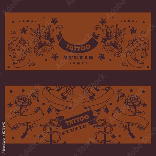 Tattoo studio banner, vector illustration. Graphic art elements and classic tattoo symbol. Rose with ribbon, bird and heart. Creative advertisement concept, vintage style commercial flyer tattoo salon