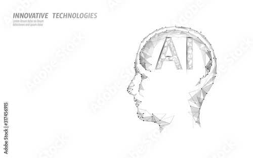 AI artificial intelligence robot support 3D. Virtual assistant voice recognition service technology. Chatbot human brain profile low poly vector illustration