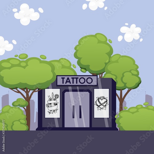 Tattoo studio building in summer landscape, vector illustration. Exterior of modern tattoo salon, small local business, store entrance. Graphic artwork poster on facade, empty city street, green trees