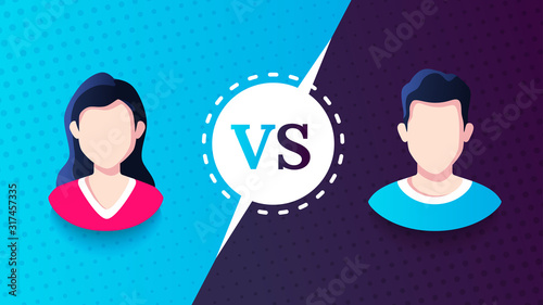 Vs screen. Blue and red abstract versus background. Man vs woman. Male and female avatars. Fight template. Simple modern comic design. Flat style vector illustration.