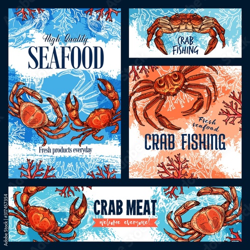 Seafood, crab fishing and meat of crustacean animal. Vector sketch posters of underwater crab with claws, sea bottom with corals and seaweeds