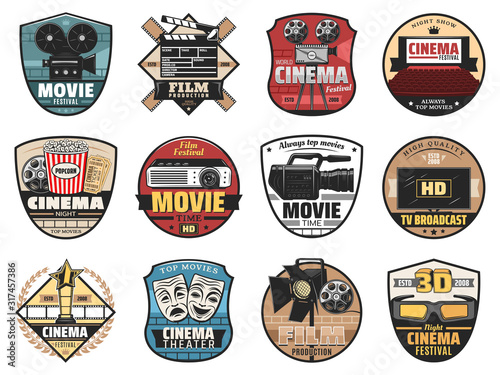 movie, film and cinema vector icons. Film production studio, movie festival, night cinema premier, TV broadcast, HD video camera, clapperboard, projector, tickets and popcorn snacks, cinematography