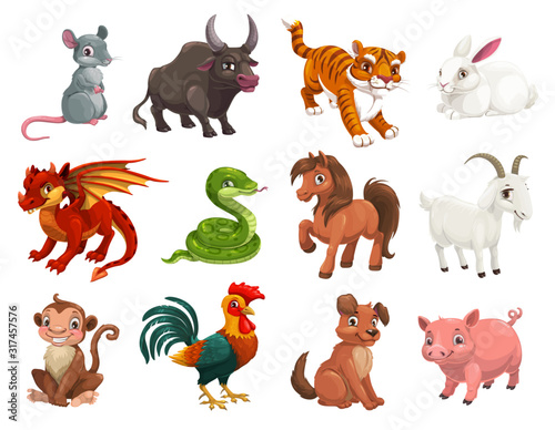 Chinese Lunar New Year animals, zodiac horoscope cartoon vector characters. Cute rat or mouse, dragon and pig, dog, tiger, rooster or chicken, horse, snake, monkey, ox, rabbit, goat or sheep signs © Vector Tradition