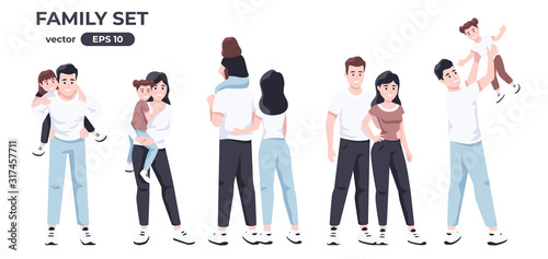 Happy family set. People in love. Couples with kids. Father day, mother day. Man and woman. Cute cartoon characters. Romantic templates. Simple modern design. Flat style vector illustration.