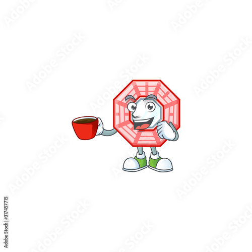 cartoon character of chinese square feng sui with a cup of coffee