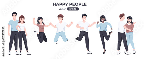 Happy people. Men and women jumping and dancing. Cute cartoon characters. Couples in love. Business success template. Jump, smile and laugh. Simple modern design. Flat style vector illustration.