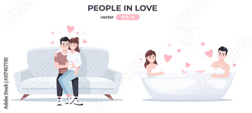 People in love. Couples on a date. Man and woman. Happy family set. Cute cartoon characters. Romantic templates. Simple modern design. Flat style vector illustration.